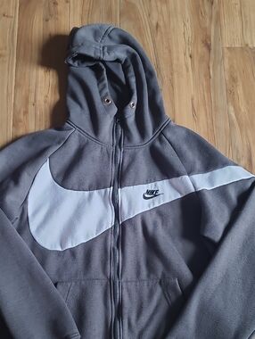 Nike Gray and White Full-Zip Hoodie with Large Swoosh
